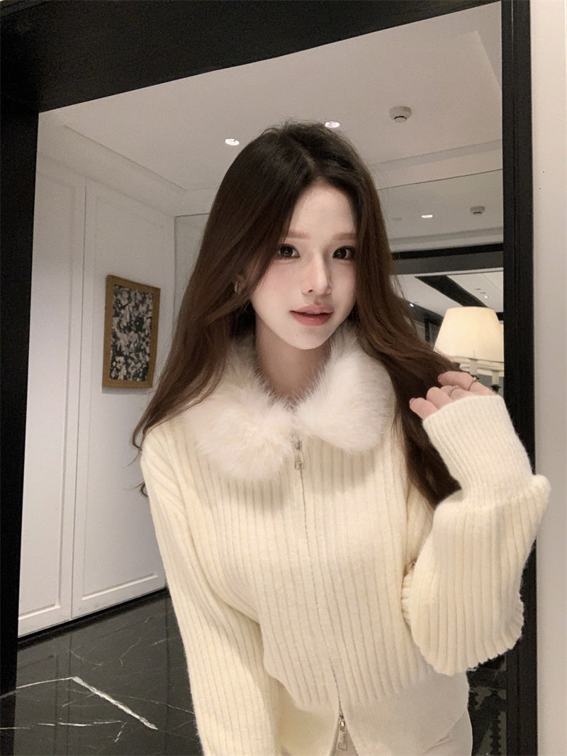 復古慵懶風毛領條紋針織衫外套