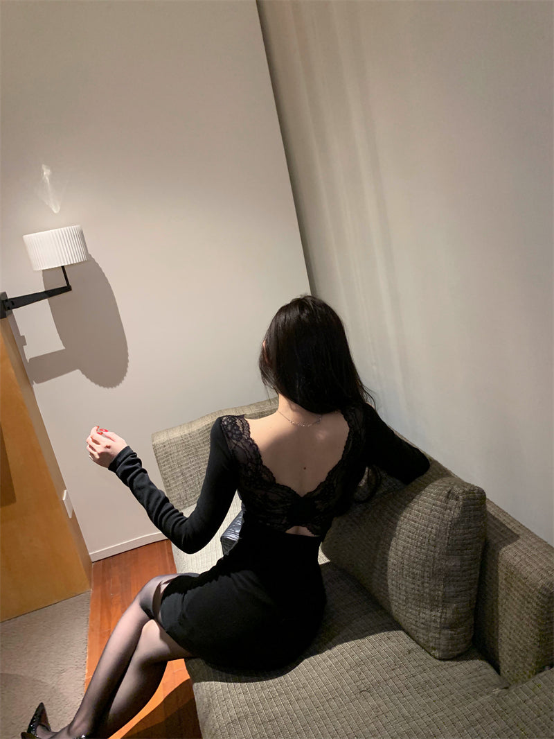 性感V領露背蕾絲拼接包臂連衣裙