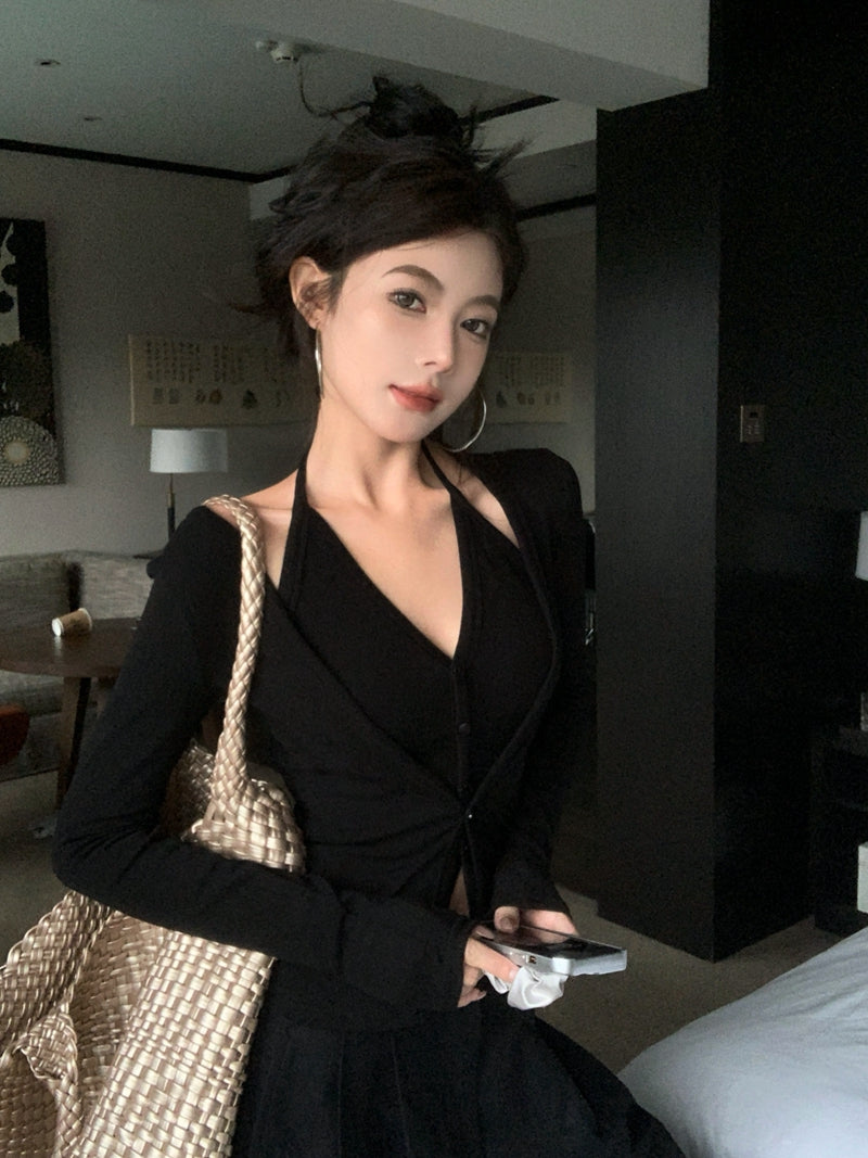 性感辣妹風吊帶掛脖假兩件內搭上衣