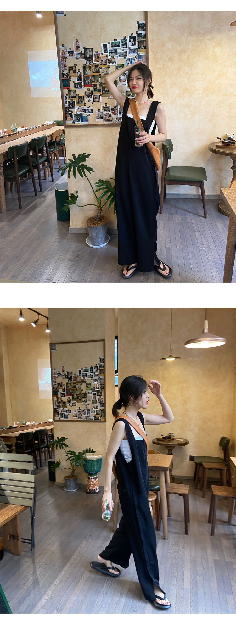 黑色休閒垂感寬鬆直筒高腰顯瘦背帶褲