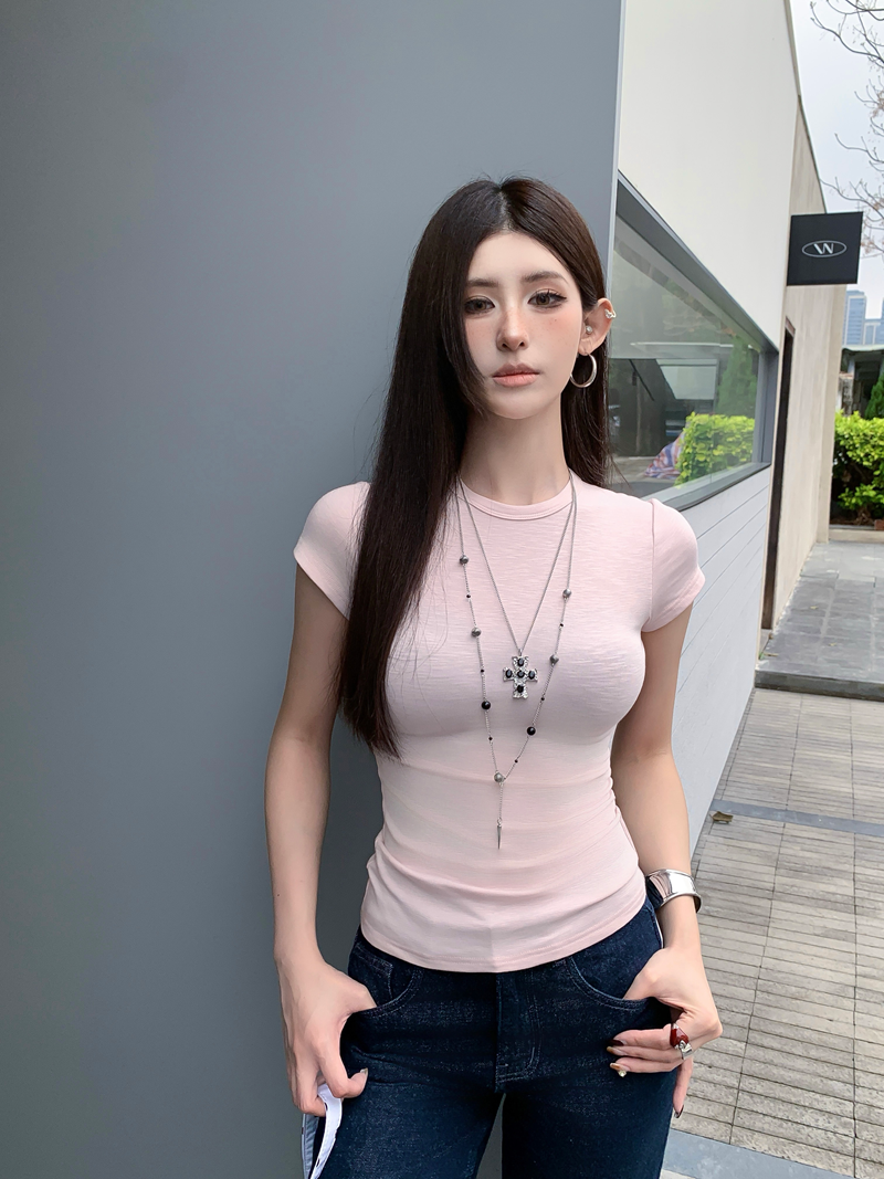辣妹簡約基礎款正肩圓領上衣