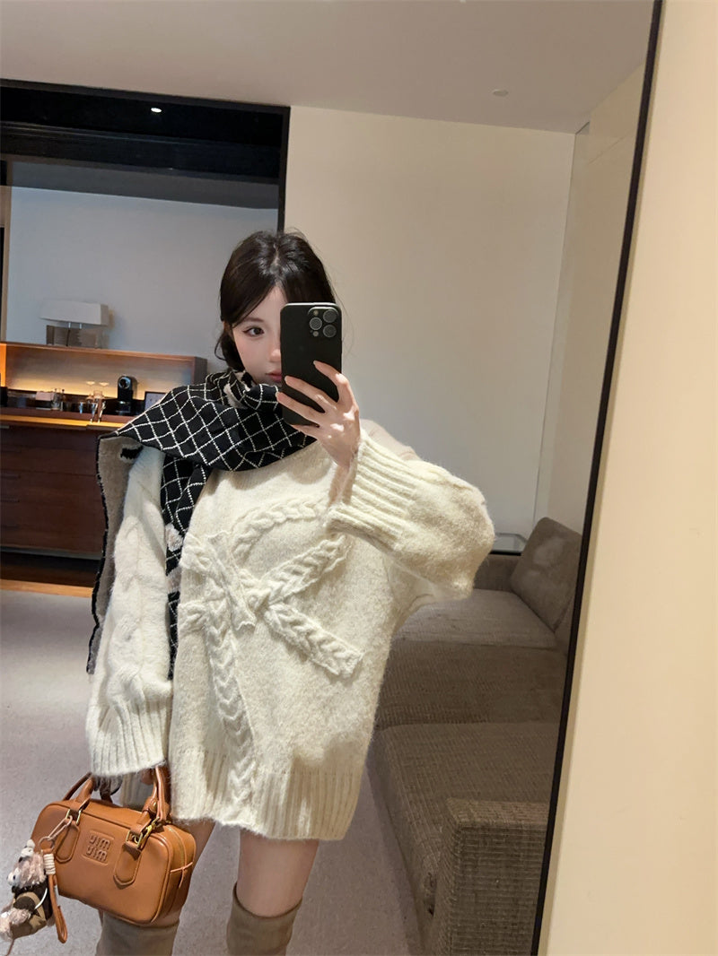 慵懶高級感蝴蝶結圓領寬鬆針織衫