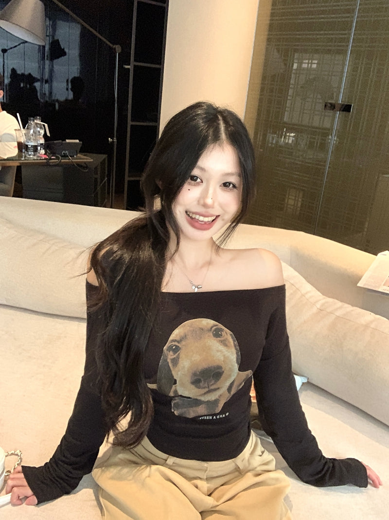 休閒可愛一字肩小狗上衣