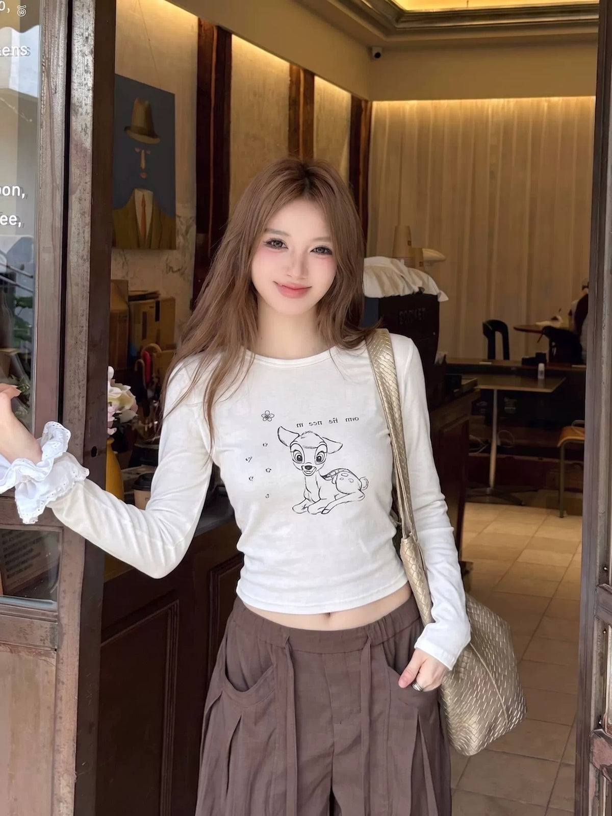 可愛風小鹿印花內搭上衣