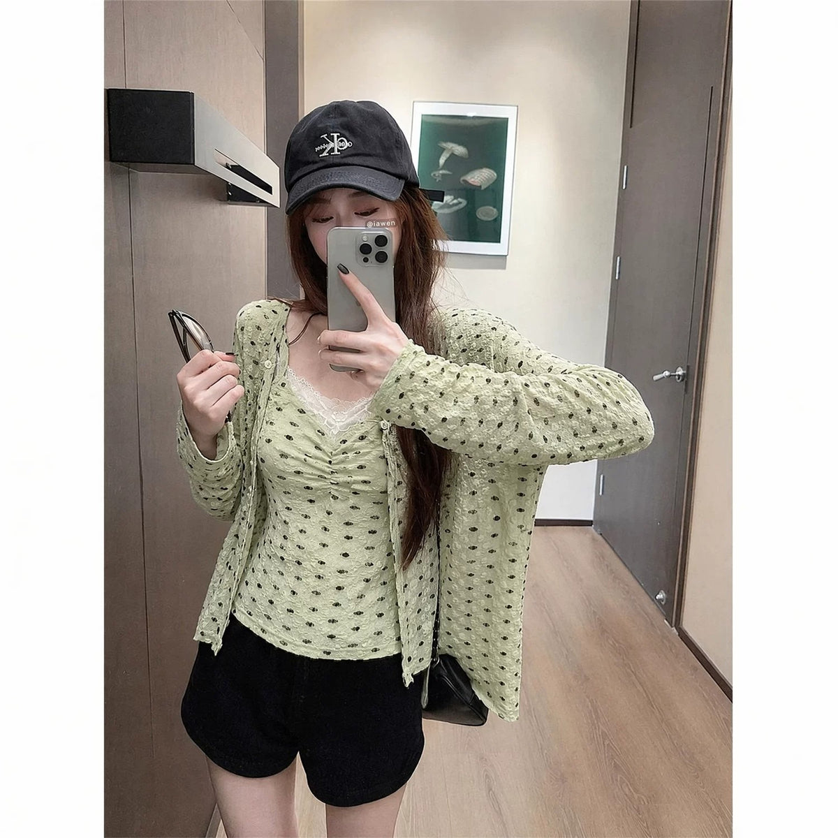 韓系甜美v領蕾絲吊帶修身點點兩件套上衣