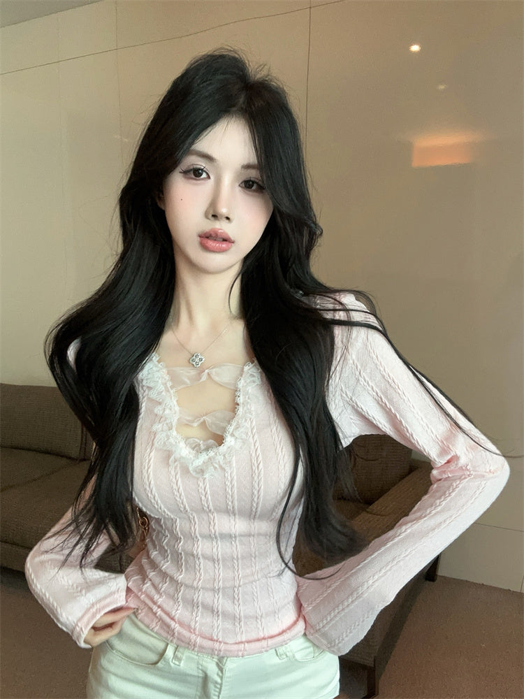 氣質甜酷辣妹花邊拼接蝴蝶結v領修身上衣