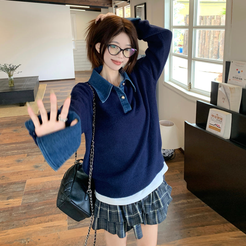 美式復古拼接假兩件毛衣