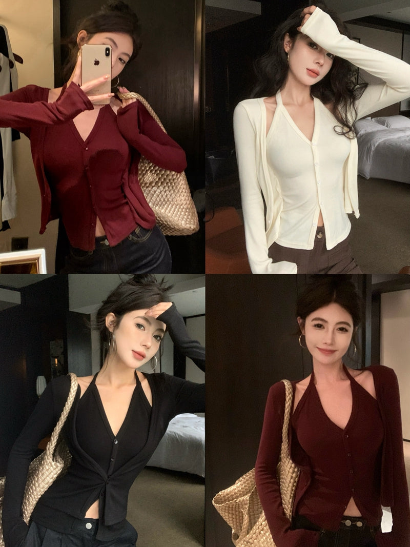 性感辣妹風吊帶掛脖假兩件上衣