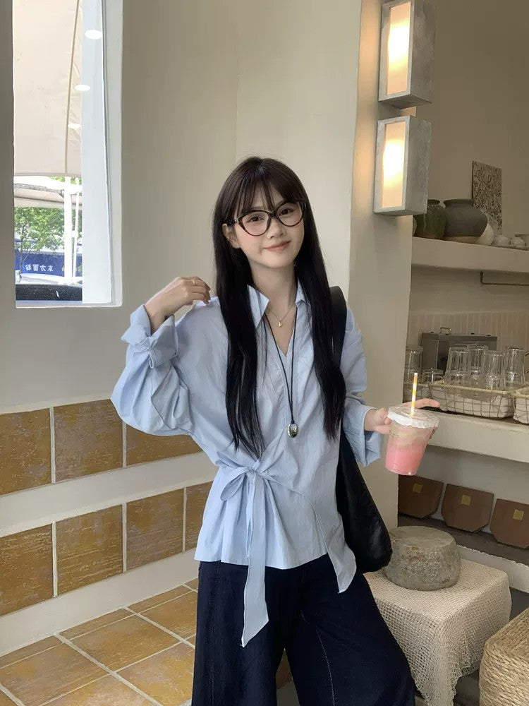 韓系設計感藍色不規則綁帶上衣