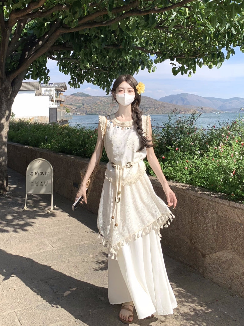 波西米亞不規則流蘇馬甲上衣女度假風半身裙套裝