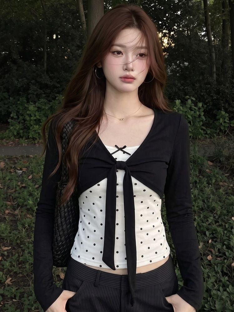 韓系甜美波點蝴蝶結修身上衣