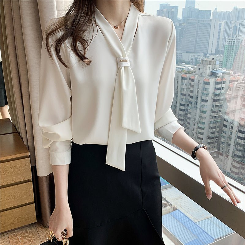 衣長寬松蝴蝶結白色雪紡襯衫