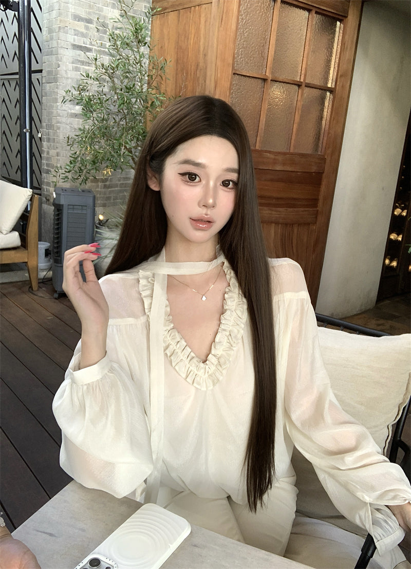 溫柔氣質木耳邊v領飄帶襯衫寬鬆上衣