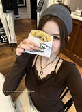 純欲蕾絲假兩件長袖修身上衣