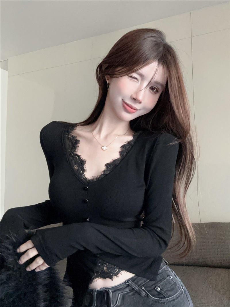 性感蕾絲拼接修身顯瘦上衣