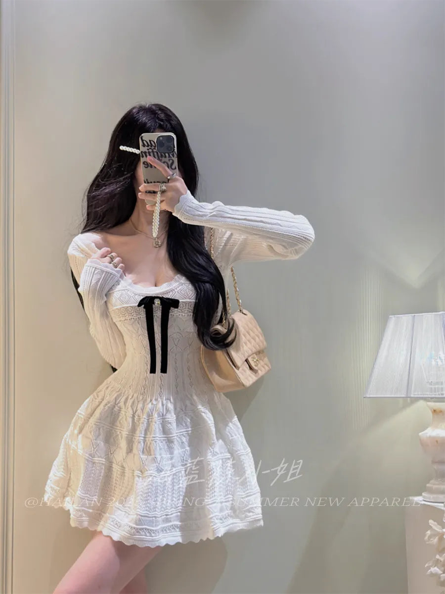 溫柔千金少女蝴蝶結鉤花針織連衣裙