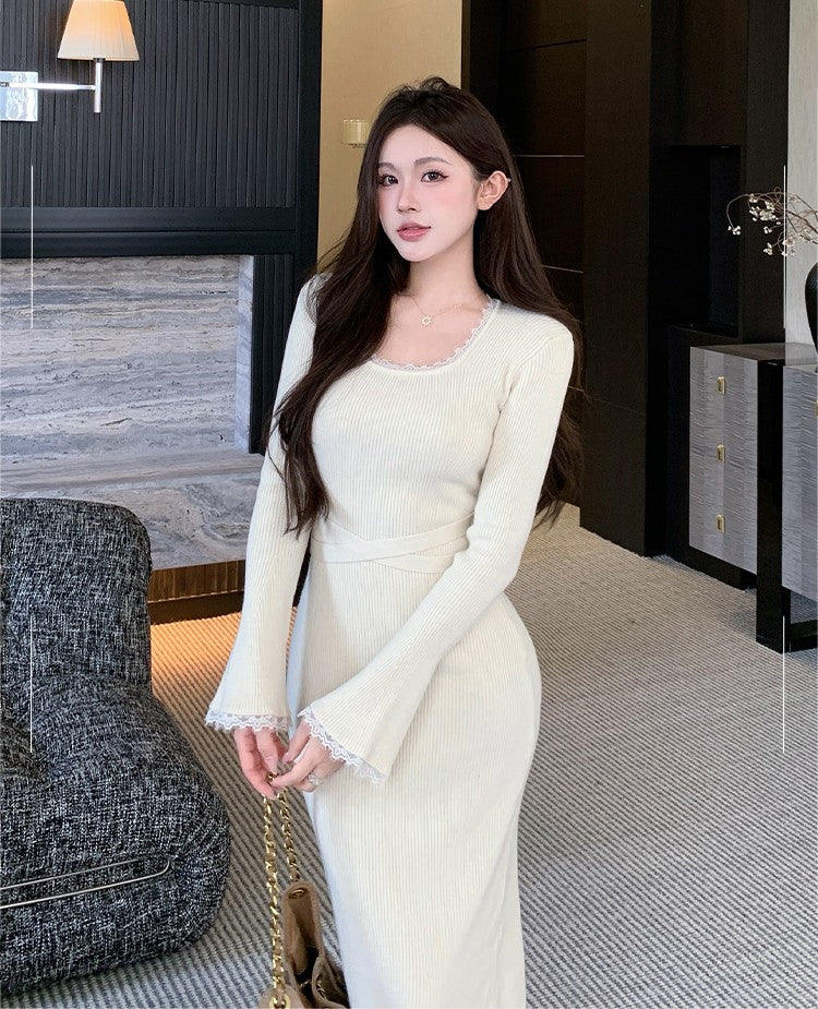 法式方領蕾絲邊針織連衣裙