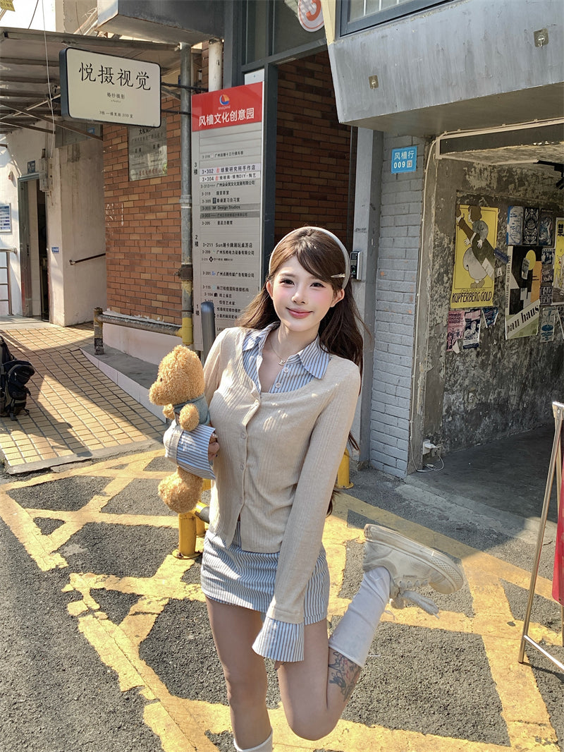 韓系穿搭假兩件襯衫套裝裙