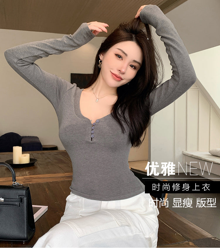 秋冬v領打底修身百搭長袖上衣