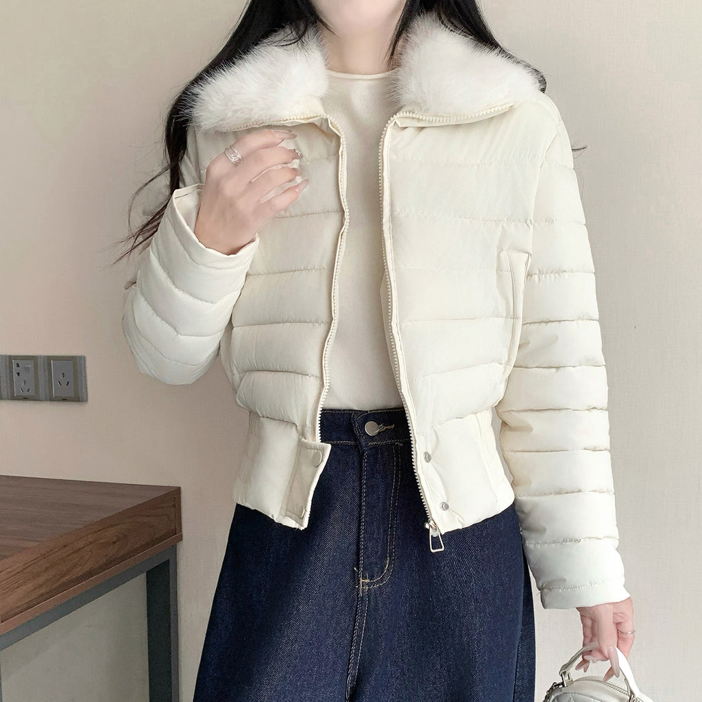 韓系溫暖加厚羽絨短版毛毛連帽外套