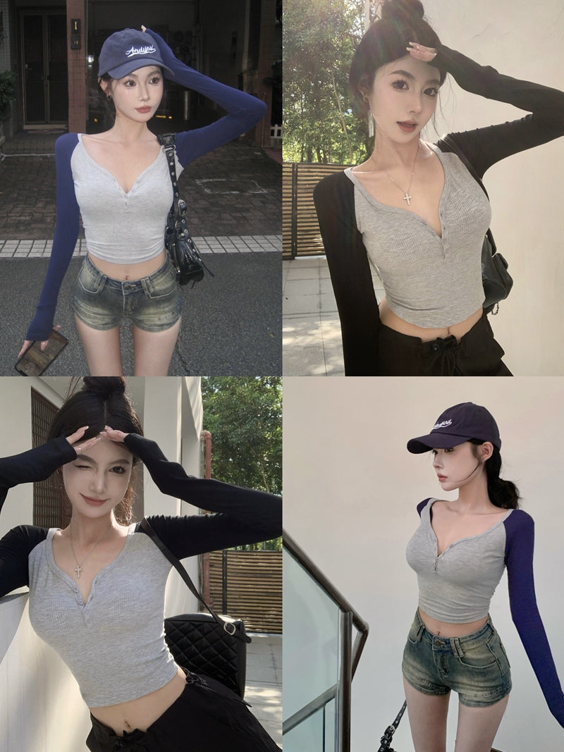 歐美V領撞色純欲排扣修身上衣