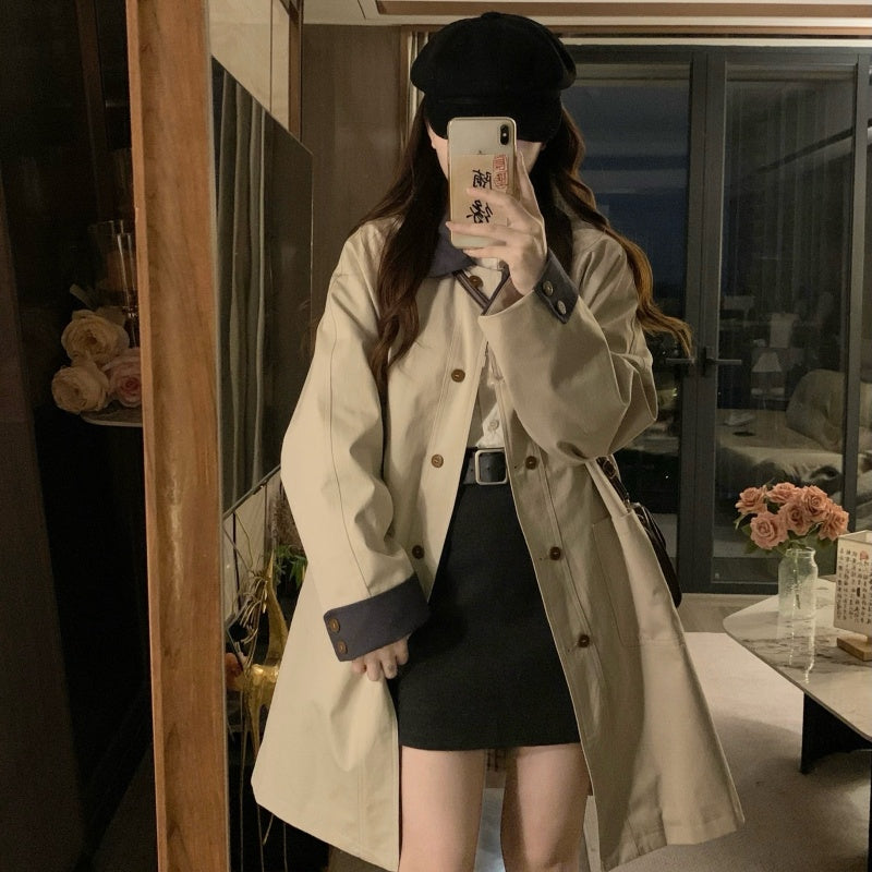 🐾拼接撞色卡其風衣外套💕春秋必備中長版外套