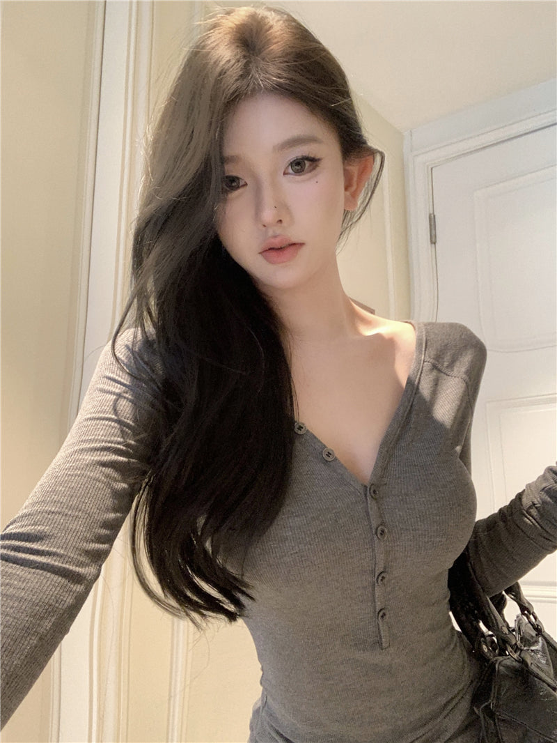 美式復古休閒V領長袖上衣