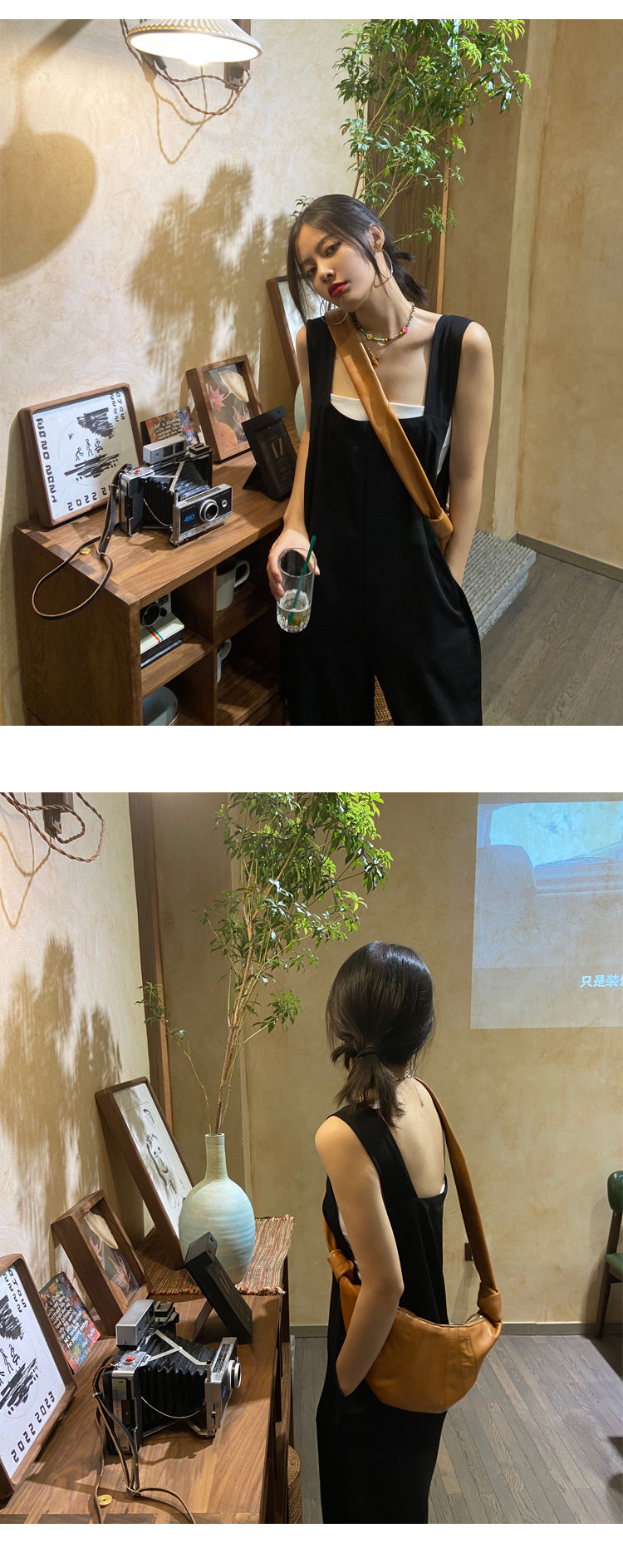 黑色休閒垂感寬鬆直筒高腰顯瘦背帶褲
