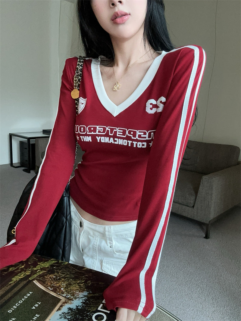 辣妹純欲薄款修身V領上衣