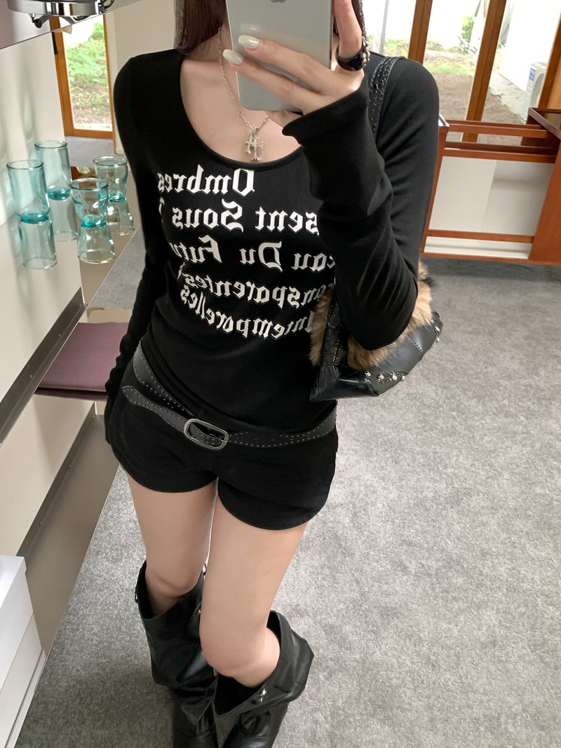 辣妹U領字母印花修身顯瘦打底上衣