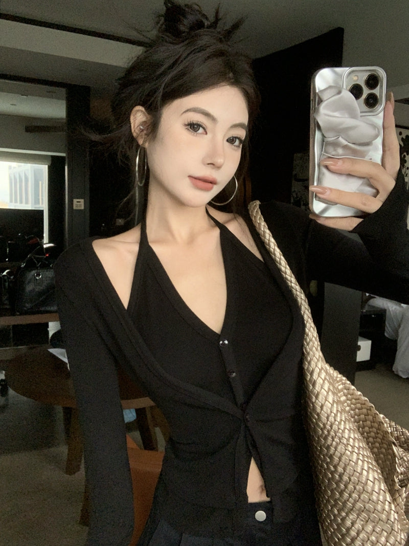 性感辣妹風吊帶掛脖假兩件上衣