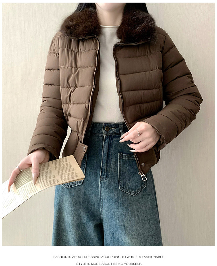 韓系溫暖加厚羽絨短版毛毛連帽外套