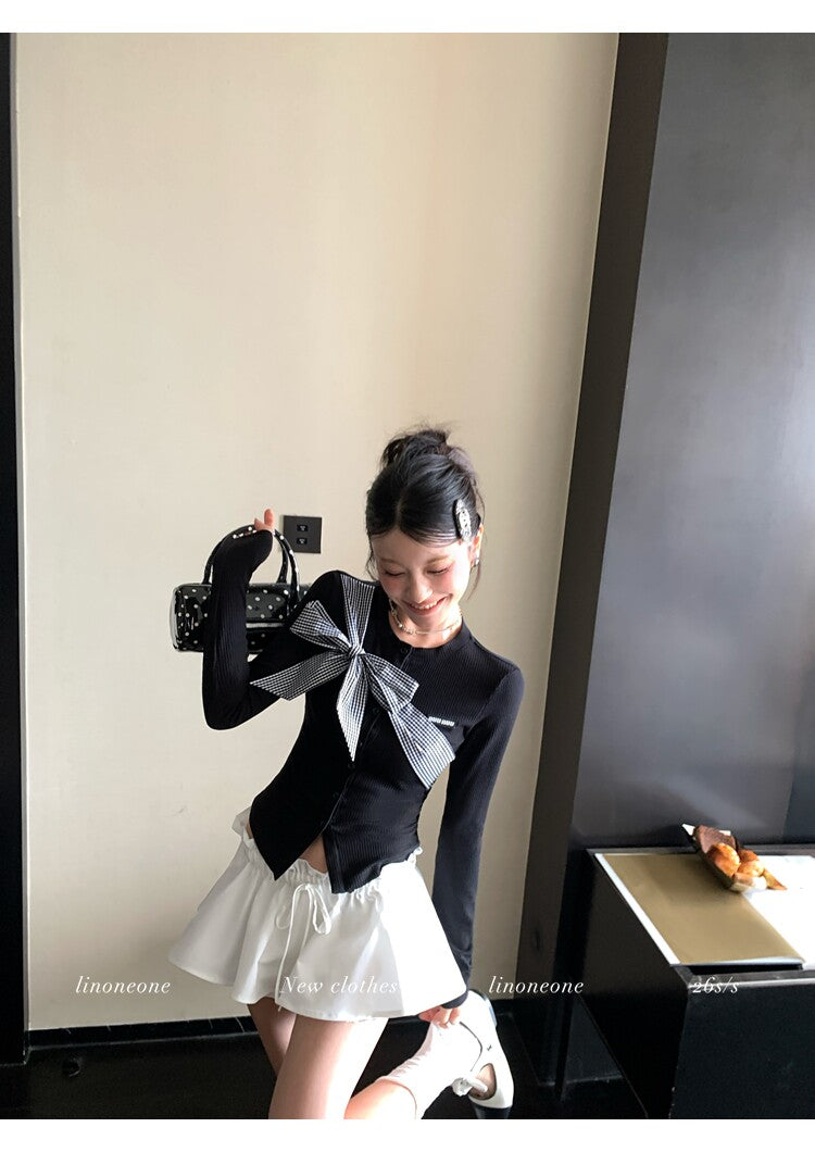 雙色格紋蝴蝶結設計感撞色針織上衣
