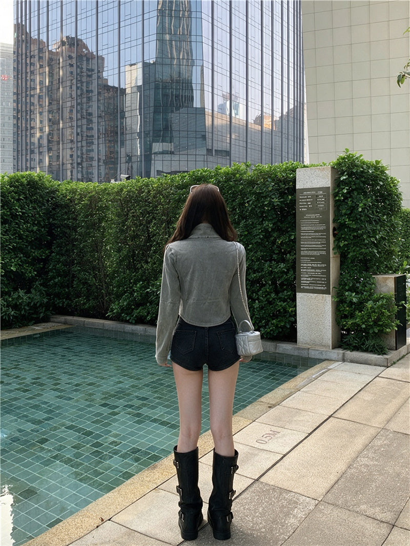 美式水洗立領拉鏈印花字母外套
