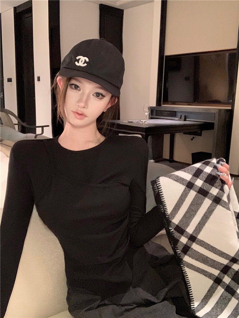 簡約時尚純欲顯瘦假兩件拼接長袖上衣