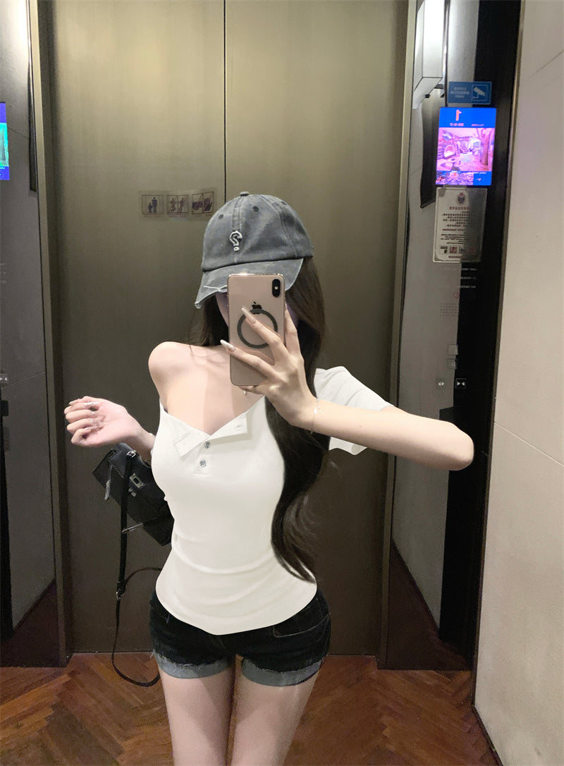 簡約斜肩上衣t袖露肩短款顯瘦上衣