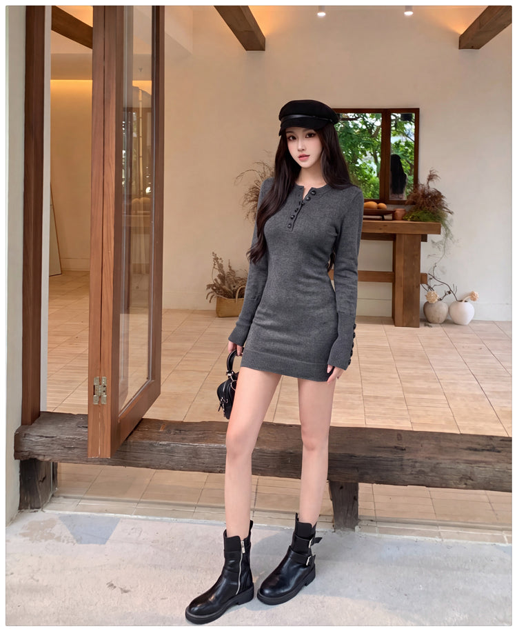 純欲辣妹圓領紐扣針織連衣裙