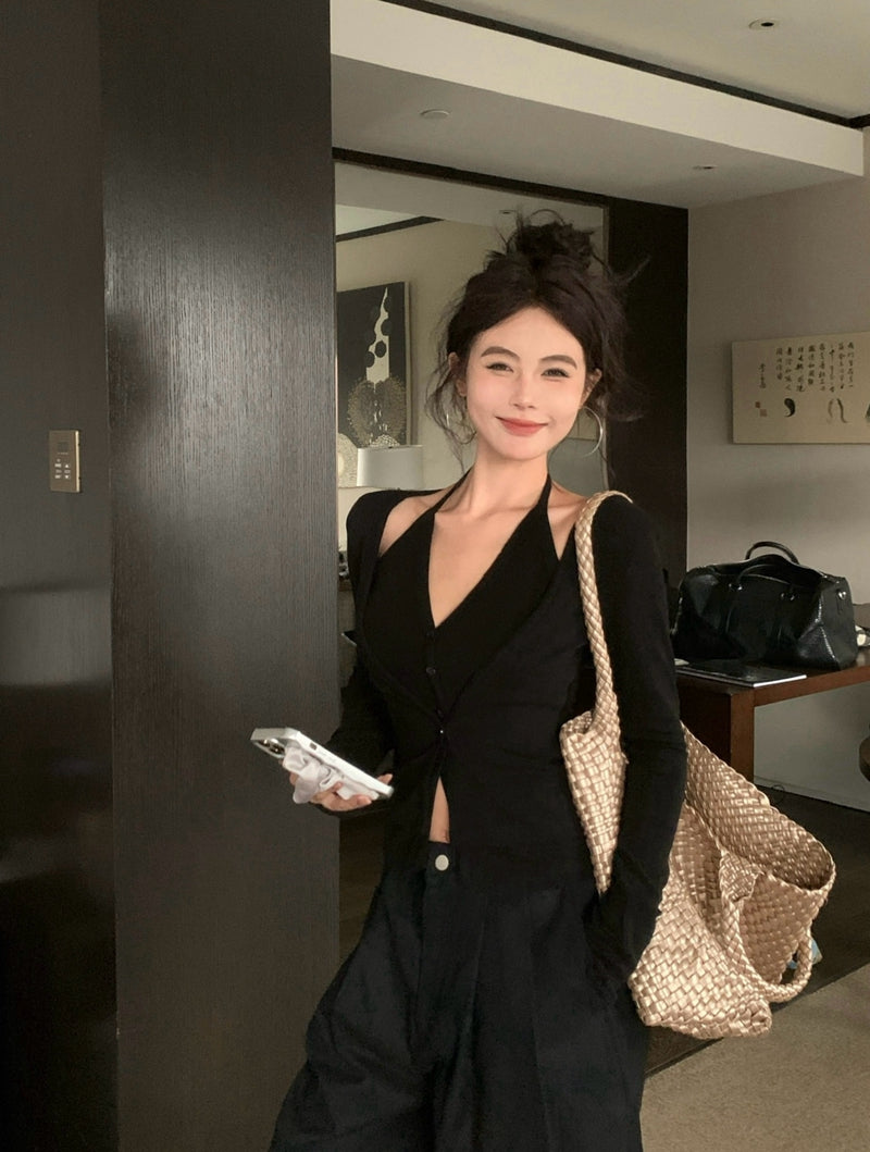 性感辣妹風吊帶掛脖假兩件上衣