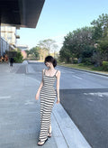 辣妹修身開叉露背條紋長裙