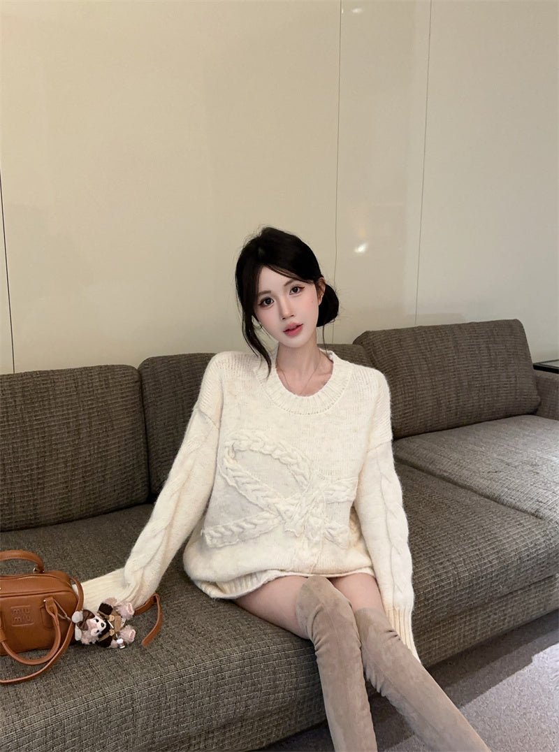 慵懶高級感蝴蝶結圓領寬鬆針織衫