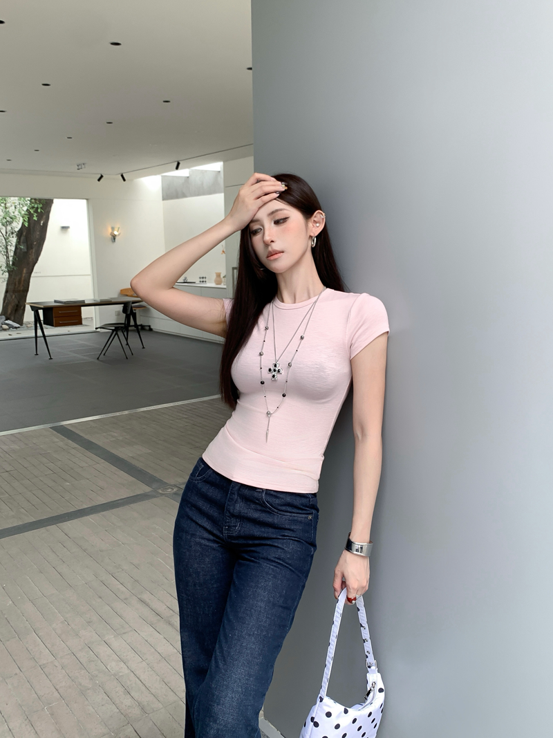 辣妹簡約基礎款正肩圓領上衣