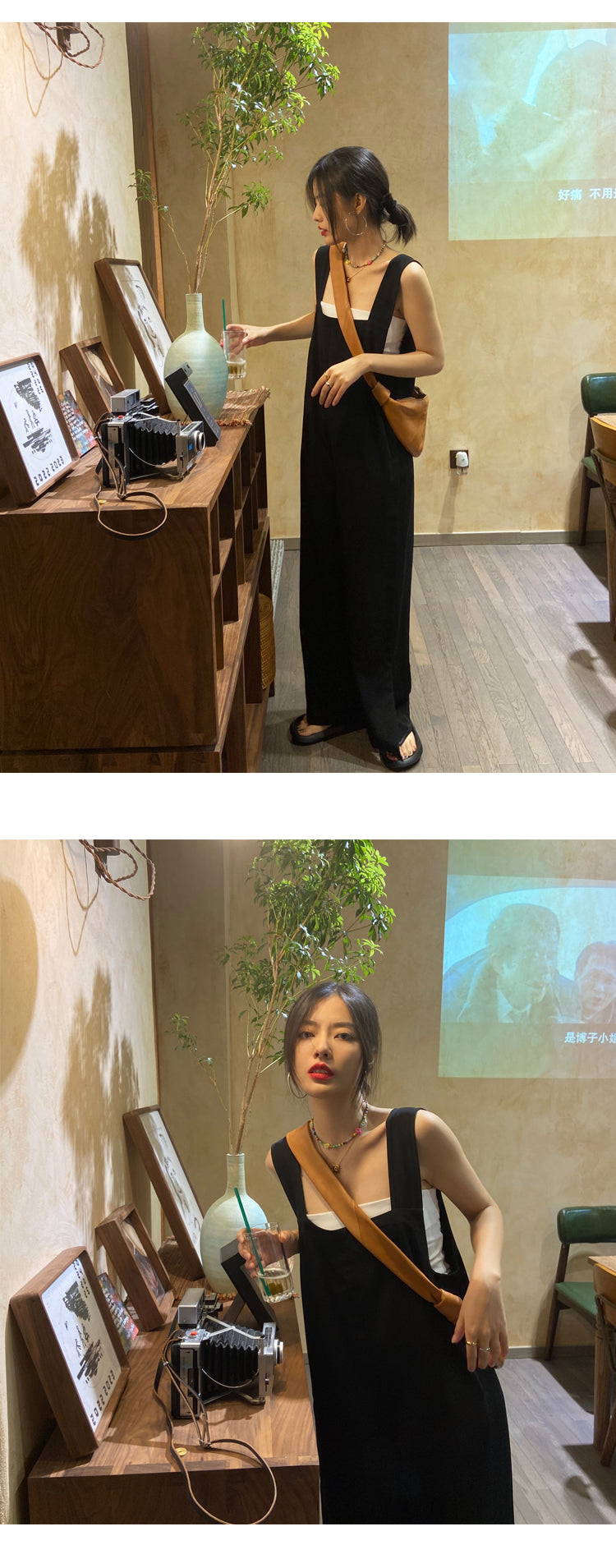 黑色休閒垂感寬鬆直筒高腰顯瘦背帶褲
