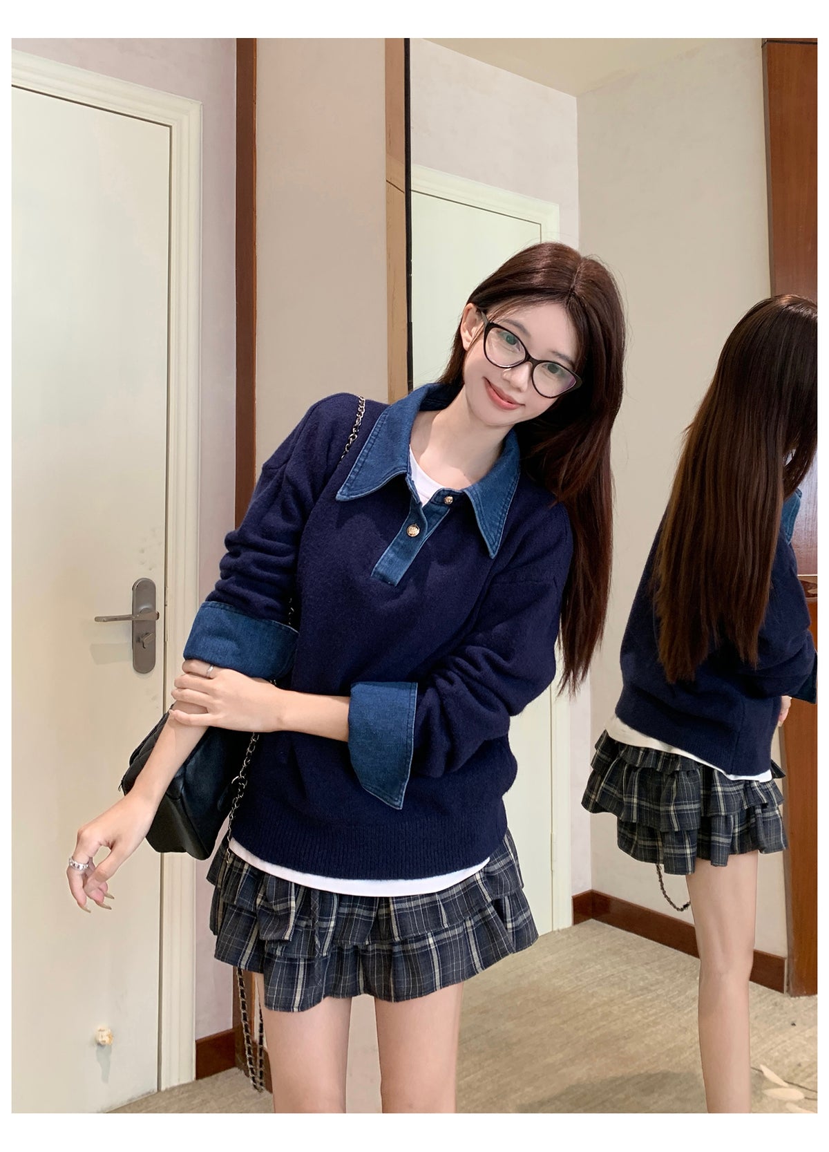 美式復古拼接假兩件毛衣