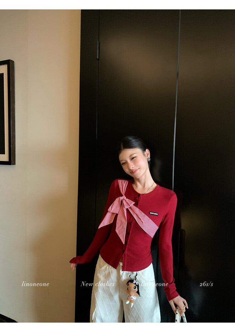 雙色格紋蝴蝶結設計感撞色針織上衣