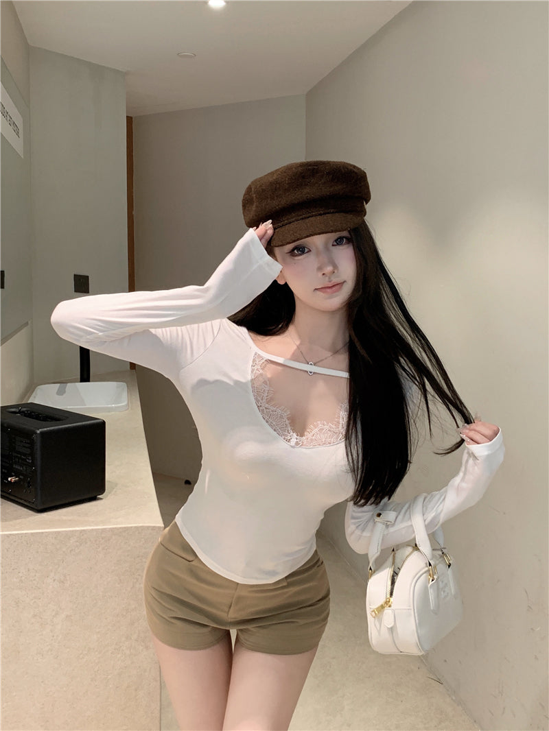 甜美純欲氣質蕾絲拼接上衣