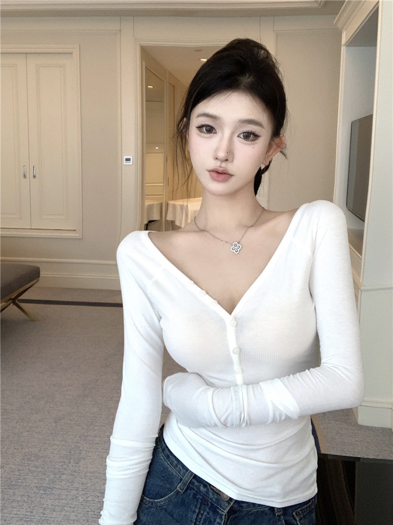 美式復古休閒V領長袖上衣