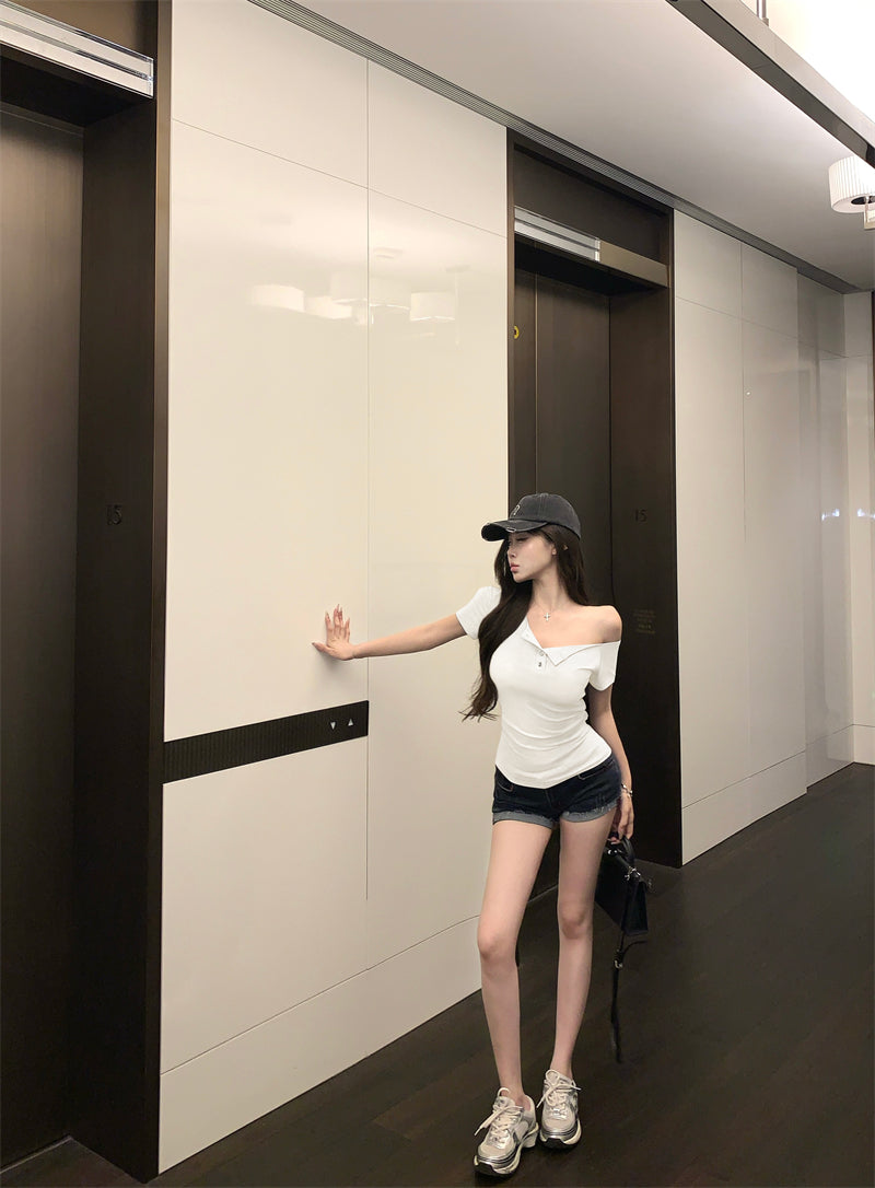 簡約斜肩上衣t袖露肩短款顯瘦上衣