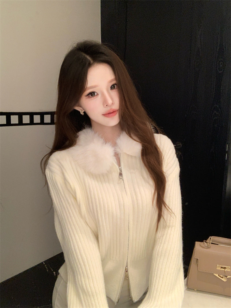 復古慵懶風毛領條紋針織衫外套