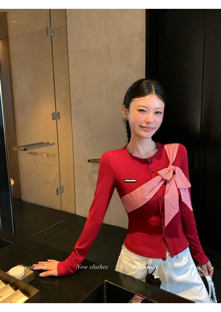 雙色格紋蝴蝶結設計感撞色針織上衣