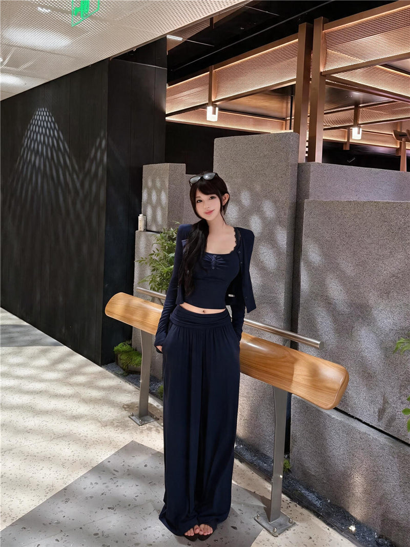 氣質性感蕾絲吊帶背心外套褲子三件套